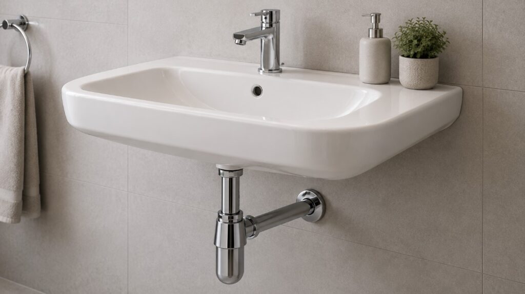 Beli zidni lavabo sa modernim hromiranim sifonom i slavinom u minimalističkom kupatilu