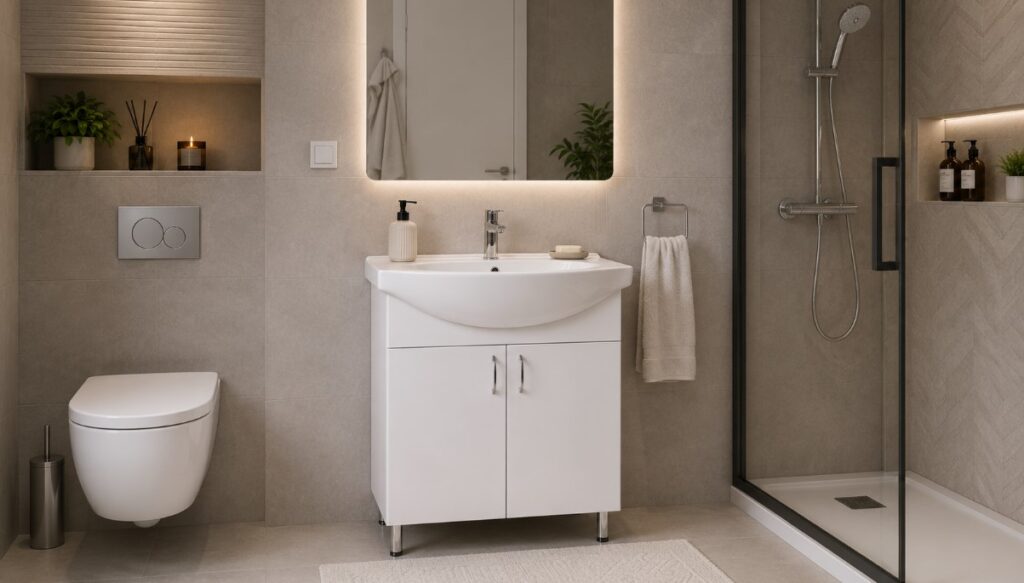 Savremeno kupatilo sa belim ormarićem za lavabo, modernim pločicama u neutralnim tonovima i elegantnim enterijerom