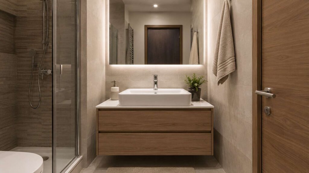 Moderno malo kupatilo frontalno je slikano sa fokusom na elegantan lavabo i ormarić.