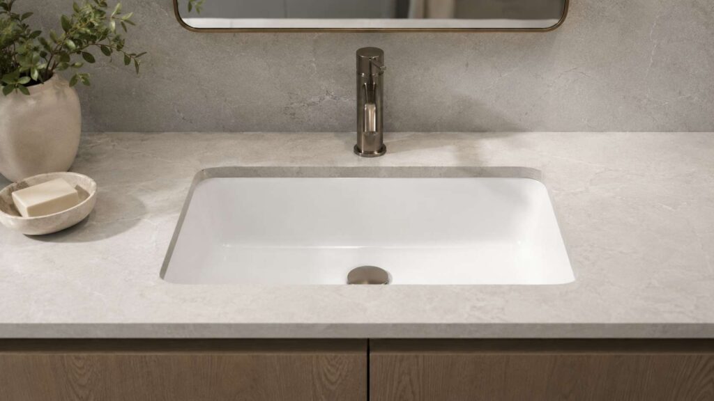 Podgradni lavabo elegantno je ugrađen ispod kamene ploče u modernom kupatilu.