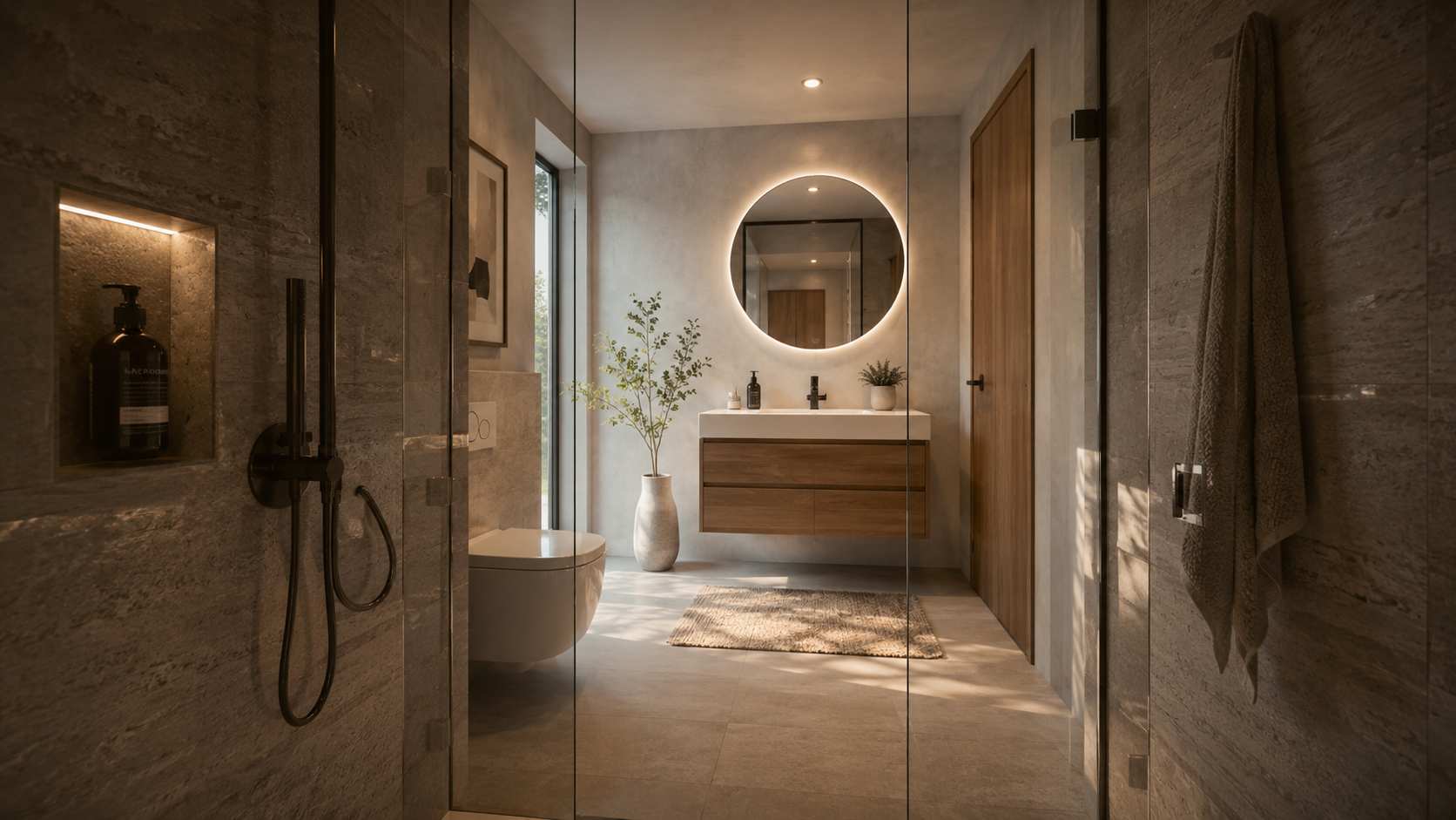 Pogled iz frameless tuš kabine na malo moderno kupatilo sa toplim osvetljenjem i drvenim detaljima.