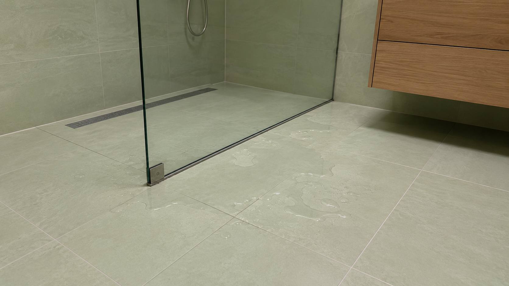 Mala količina vode na svetlozelenim pločicama pored frameless tuš kabine.