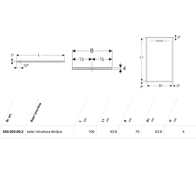 Geberit Sestra tuš kada 100x70 cm bela (550.203.00.2) - Slika 2