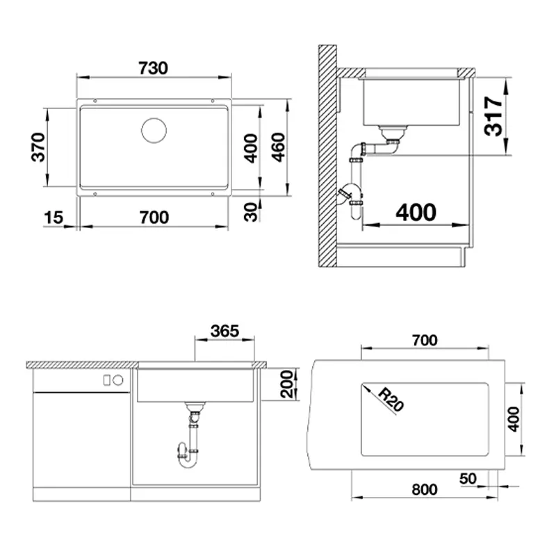 Blanco Etagon 700-U granitna podgradna sudopera antracit mat 73x46 cm sa dve ETAGON inox šine 525167