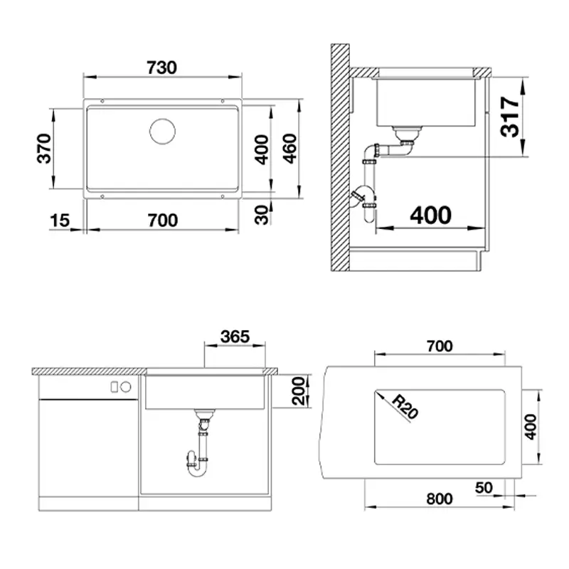 Blanco Etagon 700-U granitna podgradna sudopera vulkan siva 73x46 cm sa dve ETAGON inox šine 527261